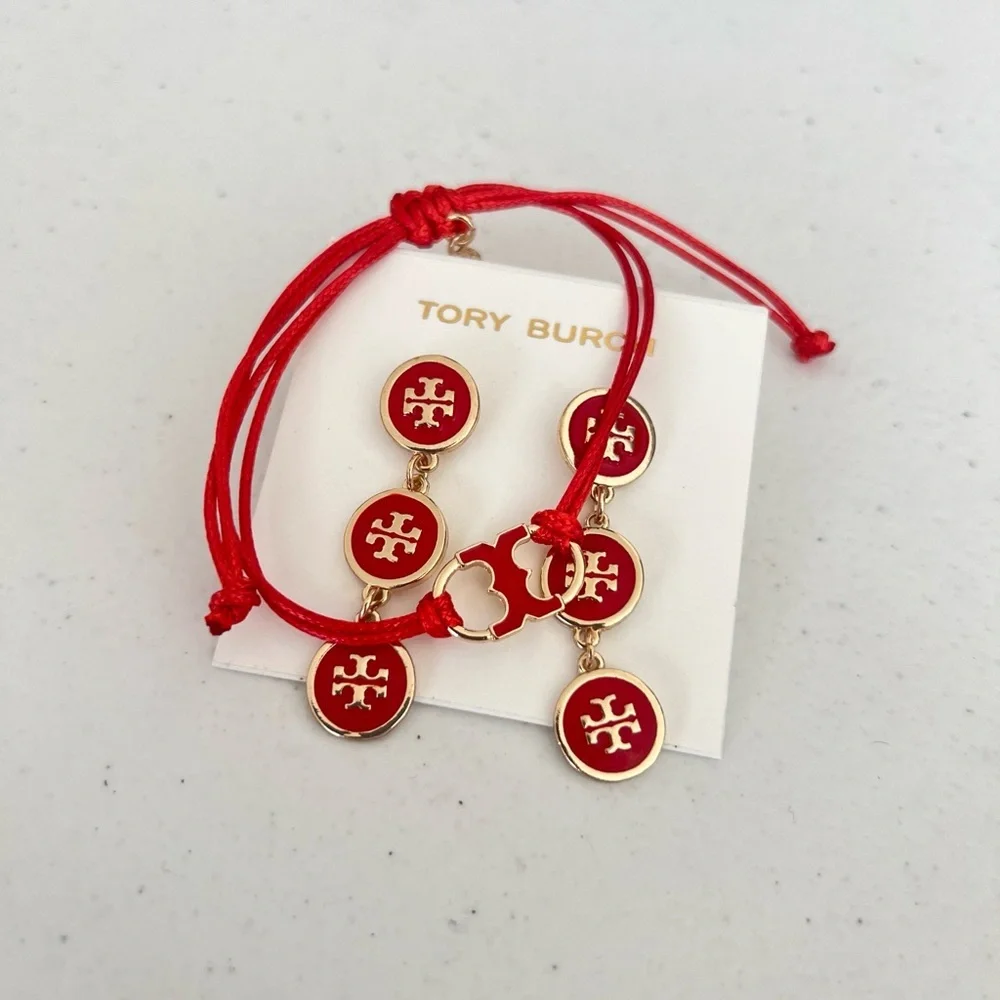 Tory Burch Gold-Tone Red Enamel Triple Drop Logo Earrings